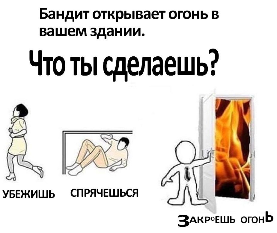 Бандит открывает огонь в вашем здании. Что ты сделаешь? Des СПРЯЧЕШЬСЯ