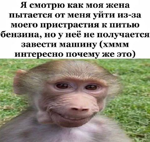 Я смотрю как моя жена пытается от меня уйти из-за моего пристрастия к питью бензина, ноу неё не получается завести машину (хммм интересно почему же это)