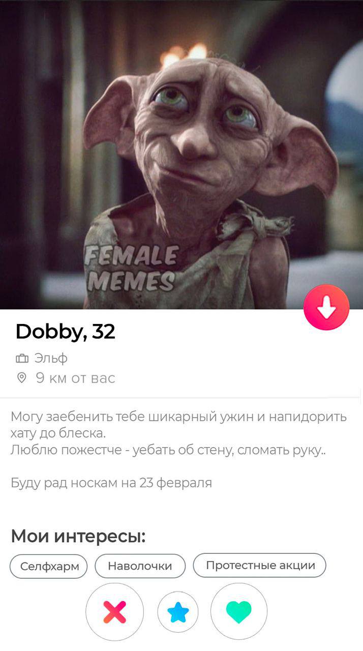 Dobby, 32 Эльф Экм от вас Могу заебенить тебе шикарный ужин и напидорить хату до блеска. Люблю пожестче уебать об стену, сломать Буду рад носкам на 23 февраля Мои интересы: селфхарм) (наволочки
