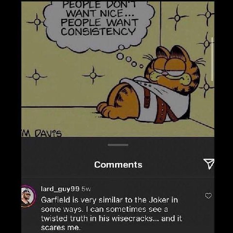 РЕОР VON WANT NICE... PEOPLE WANT CONSISTENCY о a А Comments lard_guy99 8) Garfield is very similar to the Joker in some ways. can sometimes see a twisted truth in his wisecracks... and it scares me.