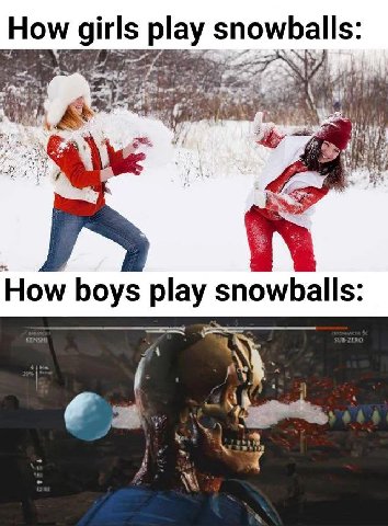 How girls play snowballs: yen 7 i a a How boys play snowballs: 4 7 У