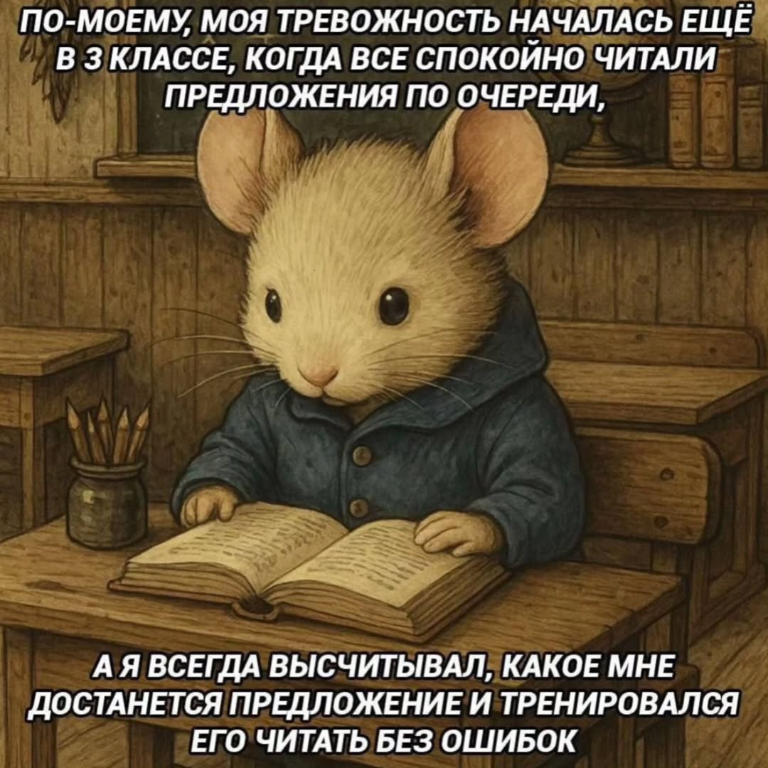 ПО-МОЕМУ МОЯ ТРЕВОЖНОСТЬ НАЧАЛАСЬ ЕЩЁ В ЗКЛАССЕ, КОГДА ВСЕ СПОКОЙНО ЧИТАЛИ ПРЕДЛОЖЕНИЯ ПО ОЧЕРЕДИ, А Я ВСЕГДА ВЫСЧИТЫВАЛ, КАКОЕ МНЕ ДОСТАНЕТСЯ ПРЕДЛОЖЕНИЕ И ТРЕНИРОВАЛСЯ ЕГО ЧИТАТЬ БЕЗ ОШИБОК