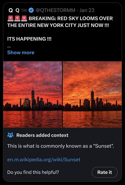 О Отм @QTHESTORMM Jan 23 RED SKY LOOMS OVER THE ENTIRE NEW YORK CITY JUST NOW ITS HAPPENING Show more Readers added context This is what is commonly known as a "Sunset". en.m.wikipedia.org/wiki/Sunset