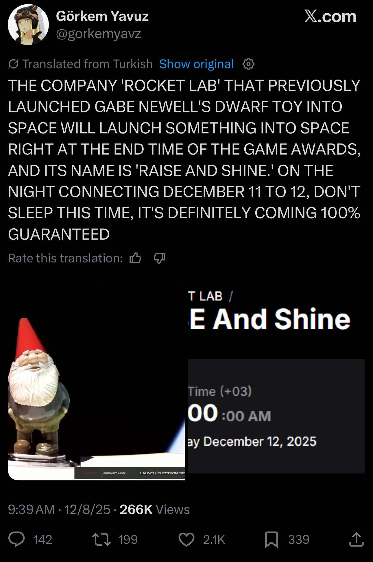 Х.сот Сбикет Yavuz THE COMPANY 'ROCKET LAB' THAT PREVIOUSLY LAUNCHED GABE NEWELL'S DWARF TOY INTO SPACE WILL LAUNCH SOMETHING INTO SPACE RIGHT AT THE END TIME OF THE GAME AWARDS, AND ITS NAME IS 'RAIS