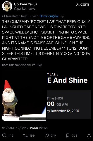 Х.сот Сбикет Yavuz THE COMPANY 'ROCKET LAB' THAT PREVIOUSLY LAUNCHED GABE NEWELL'S DWARF TOY INTO SPACE WILL LAUNCH SOMETHING INTO SPACE RIGHT AT THE END TIME OF THE GAME AWARDS, AND ITS NAME IS 'RAIS