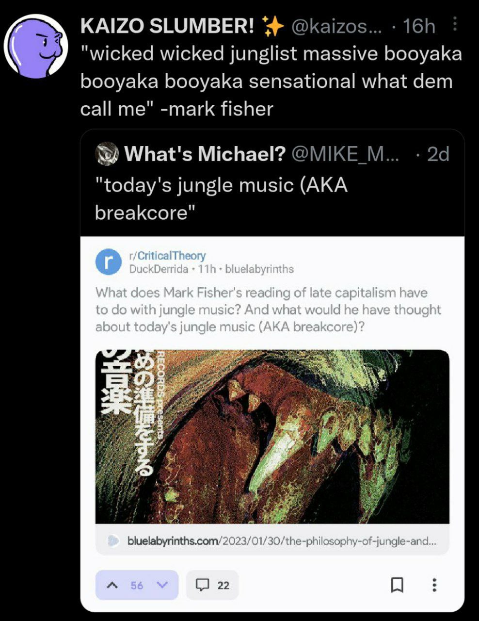 KAIZO SLUMBER! @kaizos... "wicked wicked junglist massive booyaka booyaka booyaka sensational what dem call me" -mark fisher What's Michael? "today's jungle music (AKA breakcore" 3 A 4 30/the-philosop