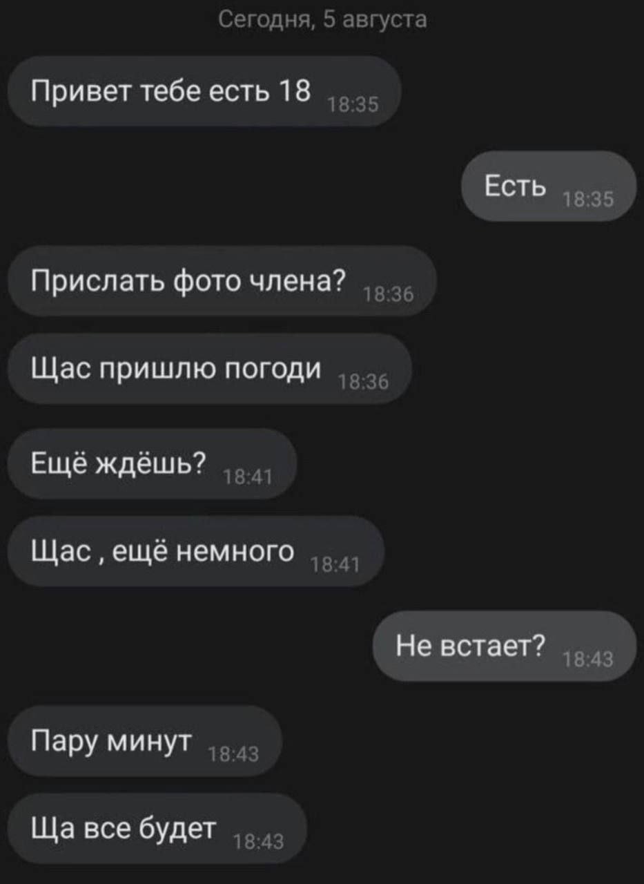 Сегодня, 5 августа Привет тебе есть 18 Есть 18:35 Прислать фото члена? 36 Щас пришлю погоди 18:36 Ещё ждёшь? 18:41 Щас ещё немного 18:41 Не встает? 18:43 Пару минут 13 все будет