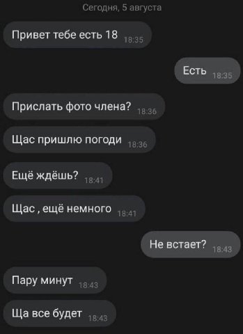 Сегодня, 5 августа Привет тебе есть 18 Есть 18:35 Прислать фото члена? 36 Щас пришлю погоди 18:36 Ещё ждёшь? 18:41 Щас ещё немного 18:41 Не встает? 18:43 Пару минут 13 все будет