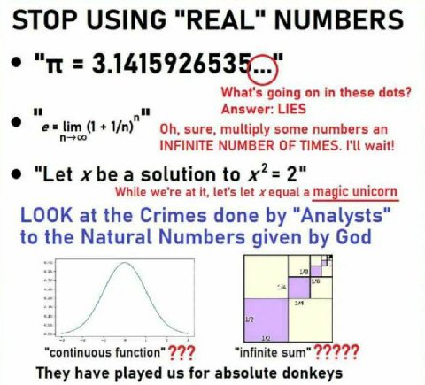STOP USING "REAL" NUMBERS What's going on in these dots? Answer: LIES lim (1 sure, multiply some numbers INFINITE NUMBER OF TIMES. I'll wait! "Let be a solution to 2" While we're at it, let's let equa