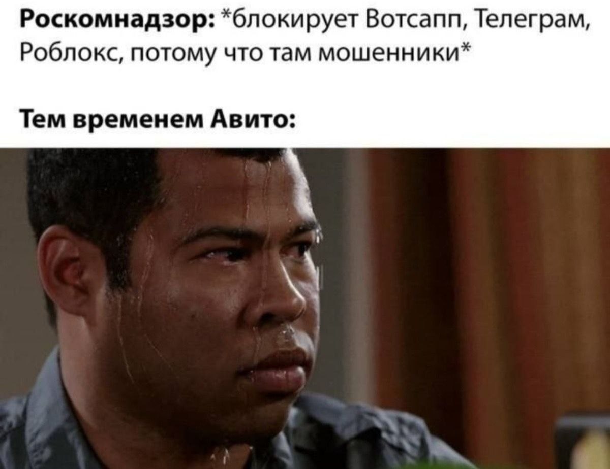 Роскомнадзор: *блокирует Вотсапп, Телеграм, Роблокс, потому что там мошенники* Тем временем Авито: