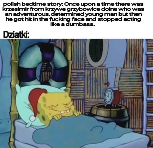 polish bedtime story: Once upon atime there was krzesimir from krzywe grzybowice dolne who was an adventurous, determined young man but then he got hit In the fucking face and stopped acting like a du