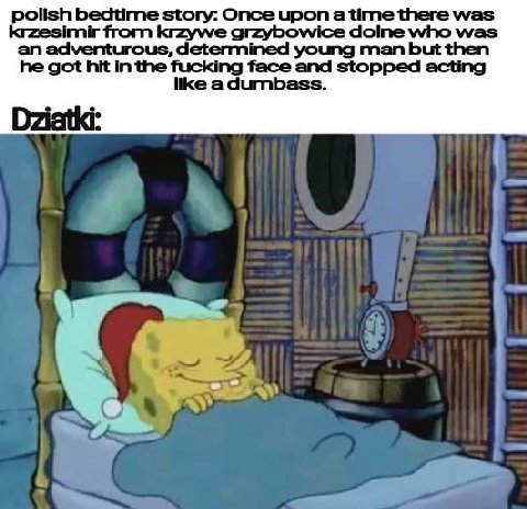 polish bedtime story: Once upon atime there was krzesimir from krzywe grzybowice dolne who was an adventurous, determined young man but then he got hit In the fucking face and stopped acting like a du