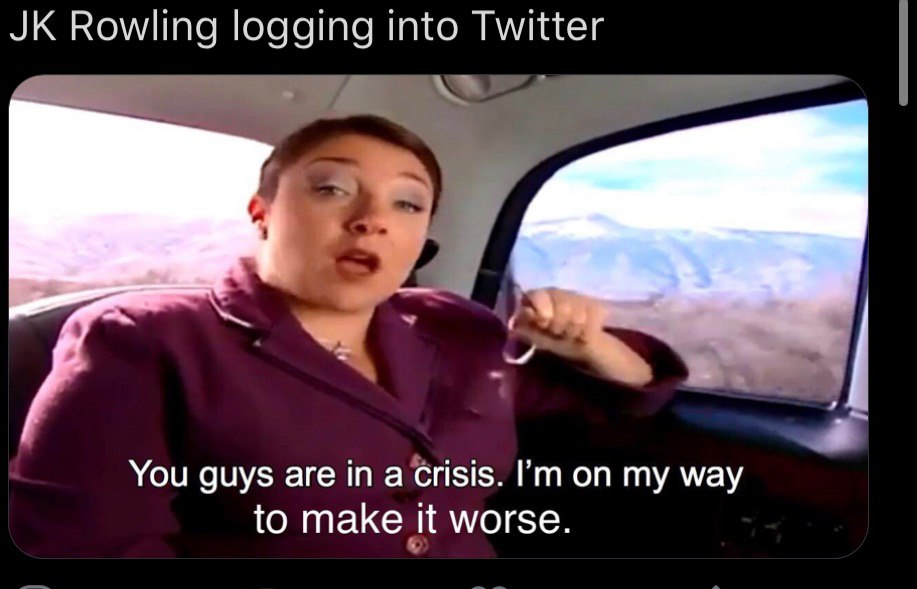 Rowling logging into Twitter You guys are in a crisis. my way to make it worse.