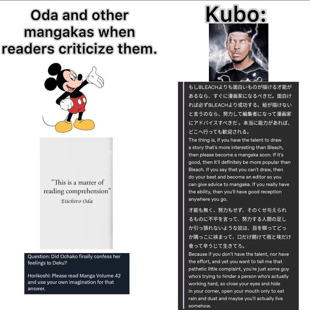 Oda and other Kubo mangakas when readers criticize them. SLBLEACHED а OTHER The thing is, if you have the talent to draw а story that's more interesting than Bleach, then please become a mangaka soon.