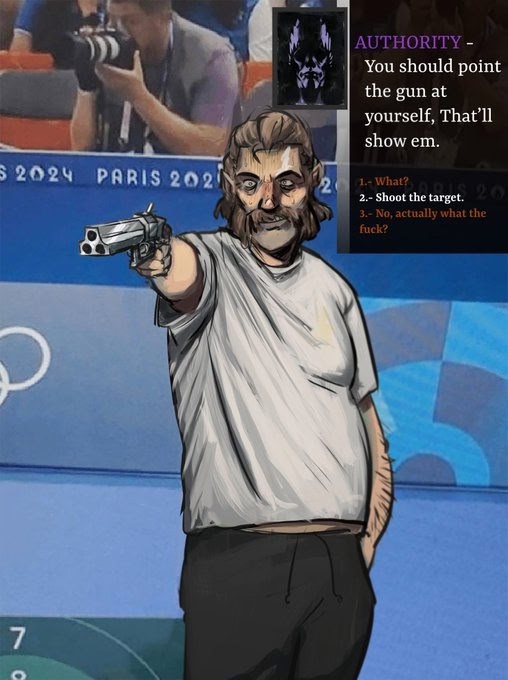 You should point the gun at yourself, show 2024 PARIS 2.- Shoot the target a he