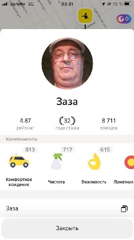 4.87 {32} 8 711 рейтинг года стажа поездок Комплименты 813 717 615 i С Комфортное Чистота Вежливость вождение Приятная Заза Закрыть