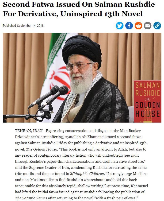 Second Fatwa Issued On Salman Rushdie For Derivative, Uninspired Novel Published September 14, 2018 о о у i 4 7) 4 OAL А 4 RUSHDIE Sal The 4 4 4 TEHRAN, IRAN—Expressing consternation and disgust at th