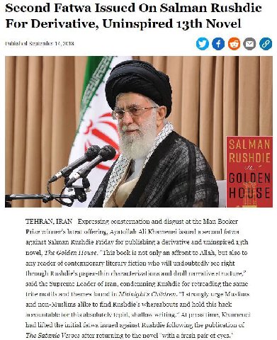 Second Fatwa Issued On Salman Rushdie For Derivative, Uninspired Novel Published September 14, 2018 о о у i 4 7) 4 OAL А 4 RUSHDIE Sal The 4 4 4 TEHRAN, IRAN—Expressing consternation and disgust at th