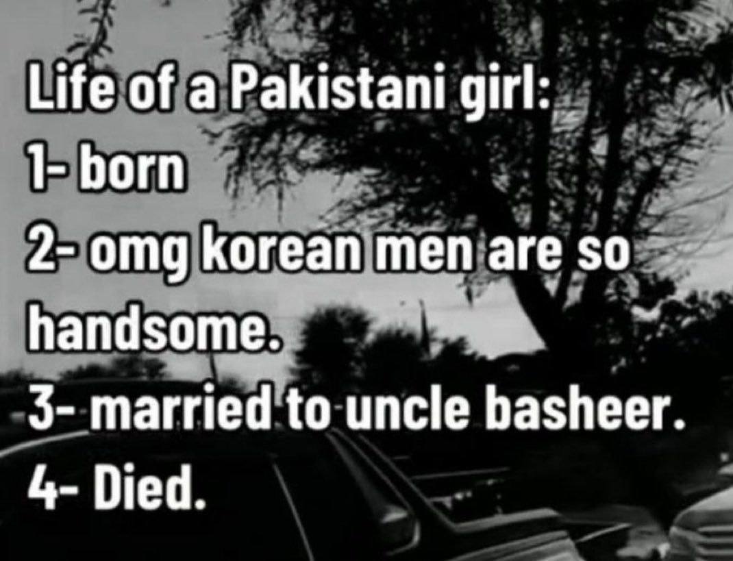 Life of a Pakistani girl: 1- Богп 2- omg Когеап теп are so handsome. 3- married to uncle basheer. 4- Died.