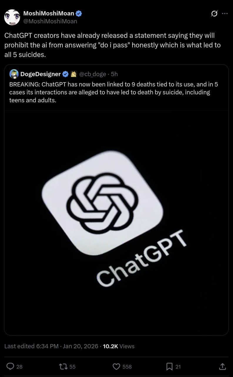 MoshiMoshiMoan @MoshiMoshiMoan ChatGPT creators have already released a statement saying they will prohibit the from answering i pass" honestly which is what led to all 5 suicides. DogeDesigner BREAKI