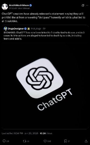 MoshiMoshiMoan @MoshiMoshiMoan ChatGPT creators have already released a statement saying they will prohibit the from answering i pass" honestly which is what led to all 5 suicides. DogeDesigner BREAKI