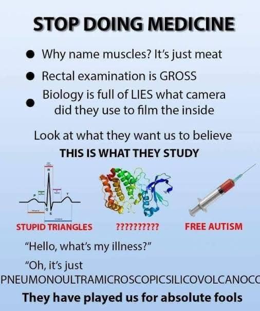 STOP DOING MEDICINE Why name muscles? It’s just meat Rectal examination is GROSS Biology is full of LIES what camera did they use to film the inside Look at what they want to believe THIS IS WHAT THEY