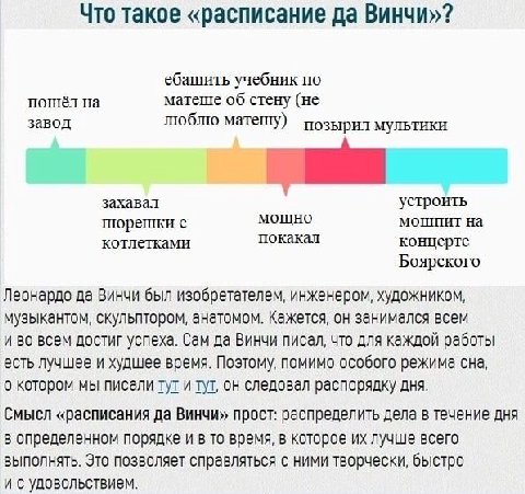 Что такое «расписание да Винчи»? ебашить учебник по пошёл на матеше об стену (не завод люблю матешу) позырил мультики у захавал устроить пюрешки с мощно мошпит на котлетками покакал концерте Боярского