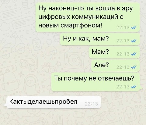 Ну наконец-то ты вошла в эру цифровых коммуникаций с новым смартфоном! Ну и как, мам? Мам? Але? Ты почему не отвечаешь? Кактыделаешьпробел