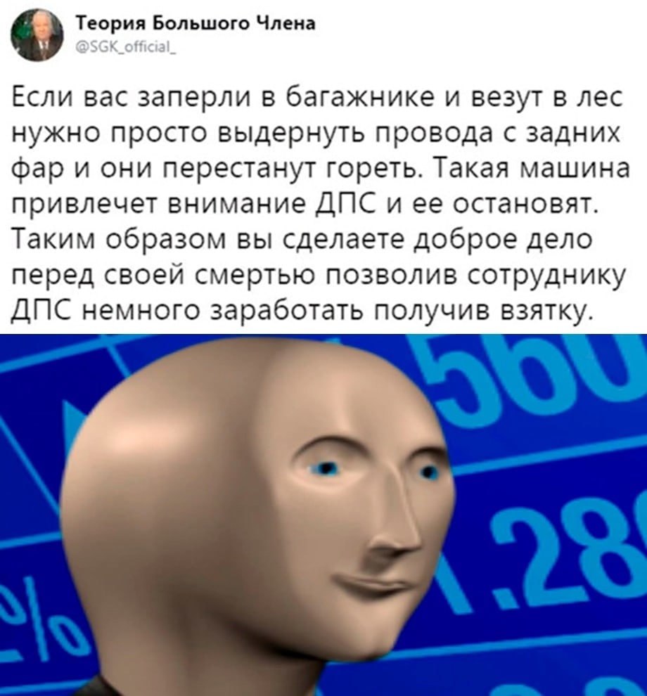 Теория Большого Члена Если вас заперли в багажнике и везут в лес нужно просто выдернуть провода с задних фар и они перестанут гореть. Такая машина привлечет внимание ДПС и ее остановят. Таким образом 