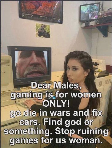 Dear Males, gaming is for women ONLY! die in wars and fix cars. Find god or something. Stop ruining games for woman