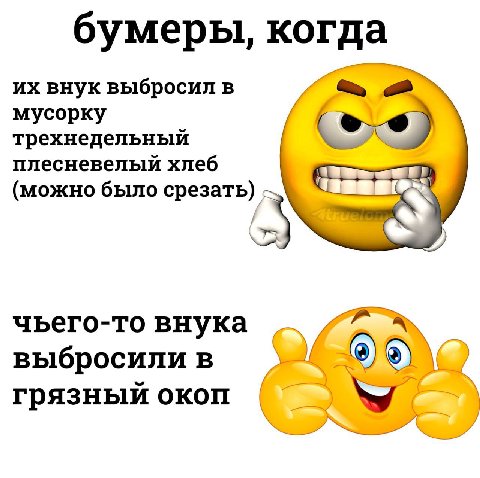 бумеры, когда внук выбросил в 4 мусорку трехнедельный плесневелый хлеб (можно было срезать) чьего-то внука a выбросили в 4 грязный окоп