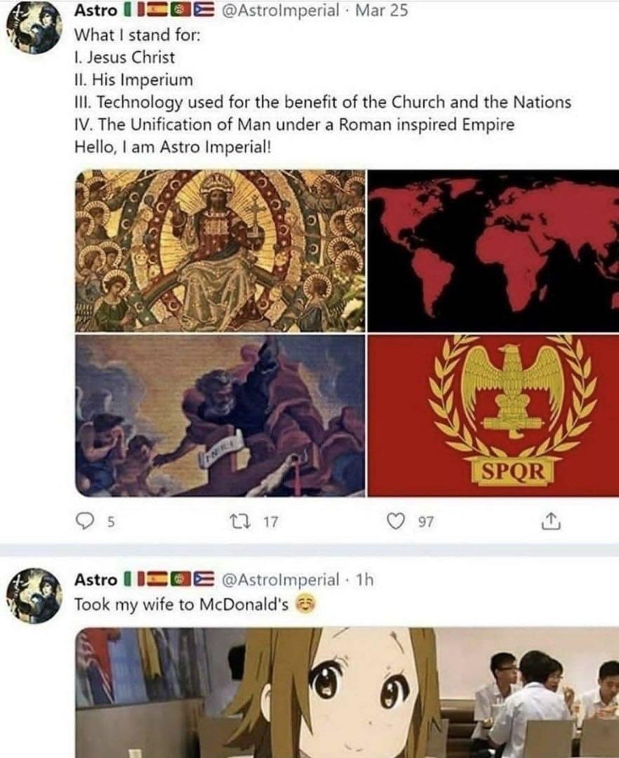 Astro Astrolmperial Маг 25 What stand for: Jesus Christ И. His Imperium Ill. Technology used for the benefit of the Church and the Nations The Unification of Man under a Roman inspired Empire Hello, A