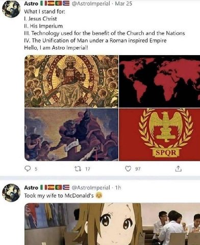 Astro Astrolmperial Маг 25 What stand for: Jesus Christ И. His Imperium Ill. Technology used for the benefit of the Church and the Nations The Unification of Man under a Roman inspired Empire Hello, A