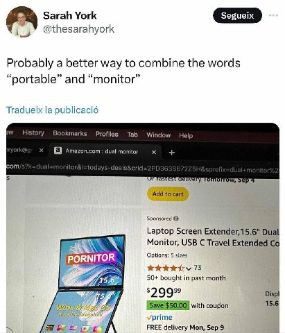 Sarah York segueix @thesarahyork Probably a better way to combine the words “oortable” and “monitor” Tradueix publicacié History Bookmarks Profiles Tab Window Help огк@ Amazon.com dual monitor от noni
