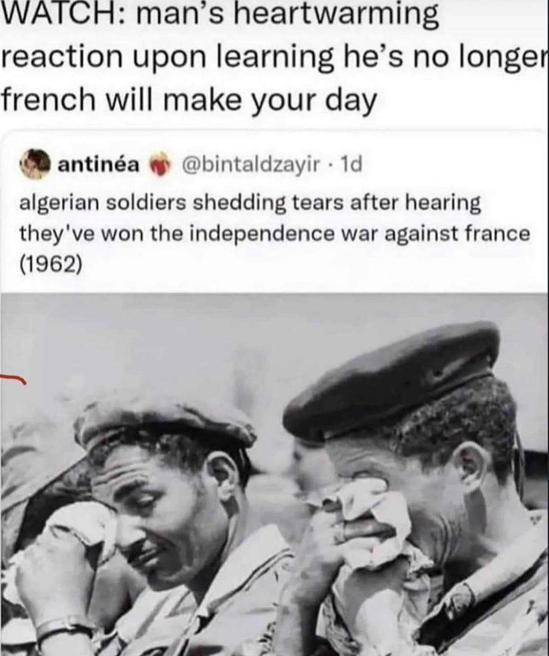 WATCH: man’s heartwarming reaction upon learning he’s no longer french will make your day antinéa @bintaldzayir 19 algerian soldiers shedding tears after hearing they've won the independence war again