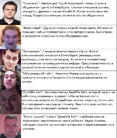 "Оригинал". Настоящий Юрий Хованский, который жил в общежитии где-то в Петербурге. Снимал смешные ролики, стендапы, дружил с неким Ильё&й Исчез около семи лет назад. Предположительно спился в том же о