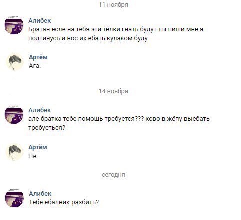 11 ноября Алибек Братан есле на тебя эти тёлки гнать будут ты пиши MHe A подтинусь и нос ебать кулаком буду Артём Ага. 14 ноября Алибек але братка тебе помощь требуется??? ково в жёпу выебать требуеть