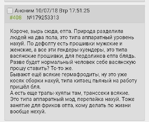Аноним 10/07/18 Втр 17:51:25 #408 Короче, зырь сюда, епта. Природа разделила людей на два пола, это типа аппаратный уровень нахуй. По дефолту есть прошивки мужские и женские, а все эти гендеры-хуендер