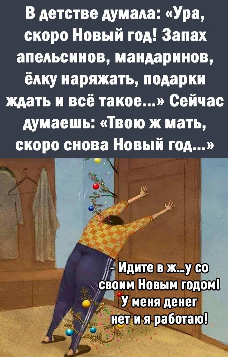 В детстве думала: «Ура, скоро Новый год! Запах апельсинов, мандаринов ёлку наряжать, подарки ждать и всё такое...» Сейчас думаешь: «Твою ж мать скоро снова Новый год...» Идите в Новым годом! У меня де