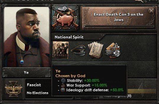 Con у Jews National Spirit у Chosen Gee Stability: Fascist War Support: No Elections Ideology drift defense: