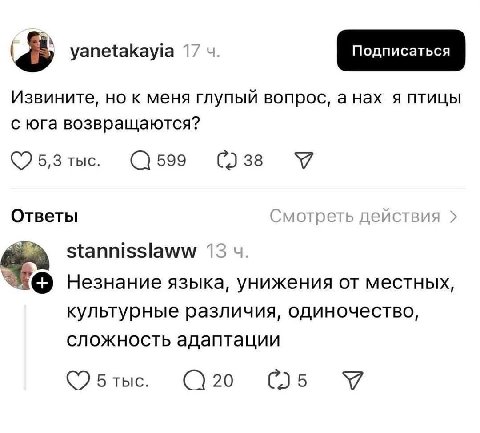 Извините, но к меня глупый вопрос, анах я птицы с юга возвращаются? У Ответы смотреть действия stannisslaww 13 Незнание языка, унижения от местных, культурные различия, одиночество, сложность адаптаци