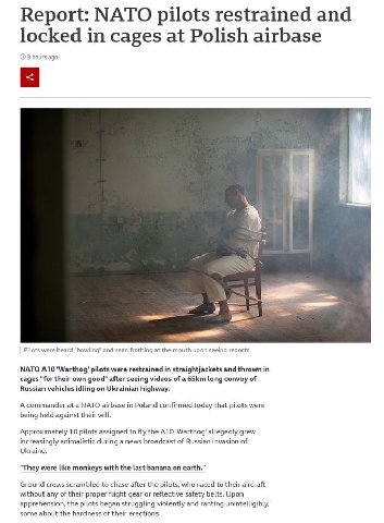 Report: NATO pilots restrained and locked in cages at Polish airbase 3 hours ago Pilots were heard "howling" and seen frothing at the mouth upon seeing reports NATO A10 pilots were restrained in strai