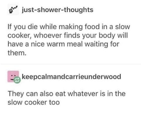 just-shower-thoughts If you die while making food a slow cooker, whoever finds your body will have a nice warm meal waiting for them. keepcalmandcarrieunderwood They can also eat whatever is in the sl