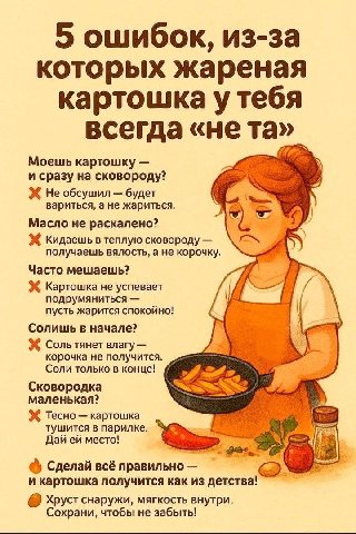 5 ошибок, из-за которых жареная картошка всегда «не Моешь картошку и сразу на сковороду? Не обсушил будет вариться, а не жариться Масло He раскалено? Ж Кидаешь в теплую сковороду получаешь вялость, а 