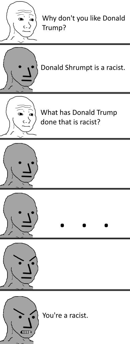 Why don't you like Donald Trump? Donald Shrumpt is а racist. What has Donald Trump done that is racist? You're a racist.