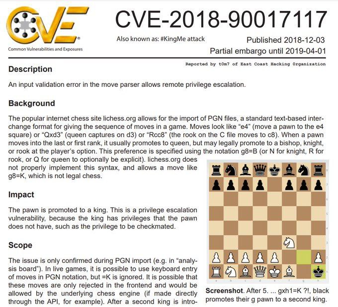 CVE-2018-90017117 Also known as: #KingMe attack Published 2018-12-03 Common Vulnerabilities and Exposures Partial embargo until 2019-04-01 Reported of East Coast Hacking Organization Description An in