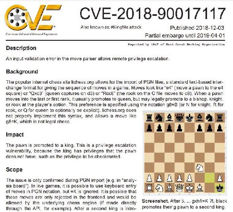 CVE-2018-90017117 Also known as: #KingMe attack Published 2018-12-03 Common Vulnerabilities and Exposures Partial embargo until 2019-04-01 Reported of East Coast Hacking Organization Description An in