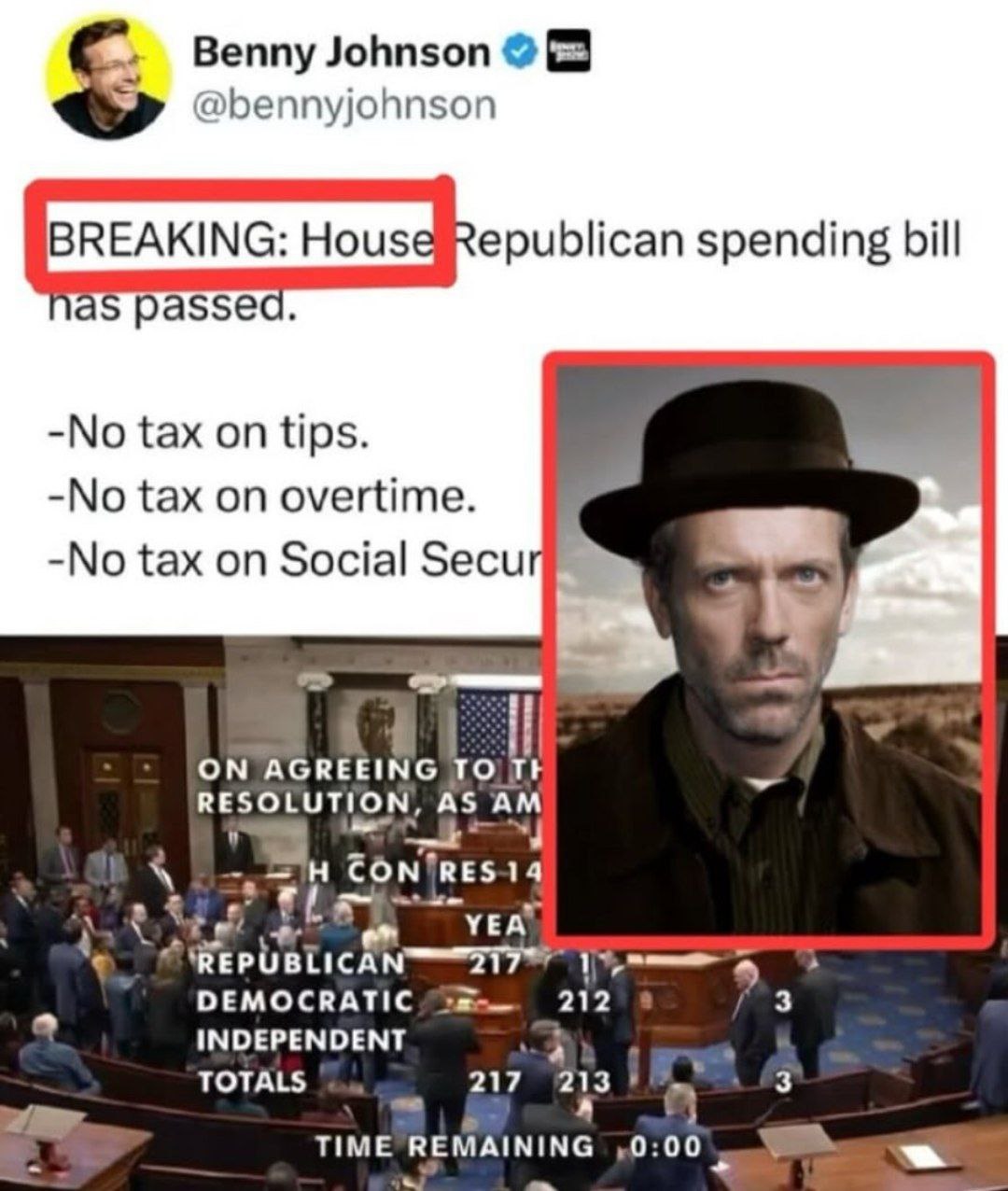 Benny Johnson @bennyjohnson epublican spending bill BREAKING: passed -No tax on tips. -No tax on overtime. -No tax on Social Secu ON AGREEING то RESOLUTION, AS tON [RES14 DEMOCRATIC 212 INDEPENDENT a 