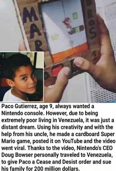 Paco Gutierrez, age 9, always wanted a Nintendo console. However, due to being extremely poor living in Venezuela, it was just a distant dream. Using his creativity and with the help from his uncle, h