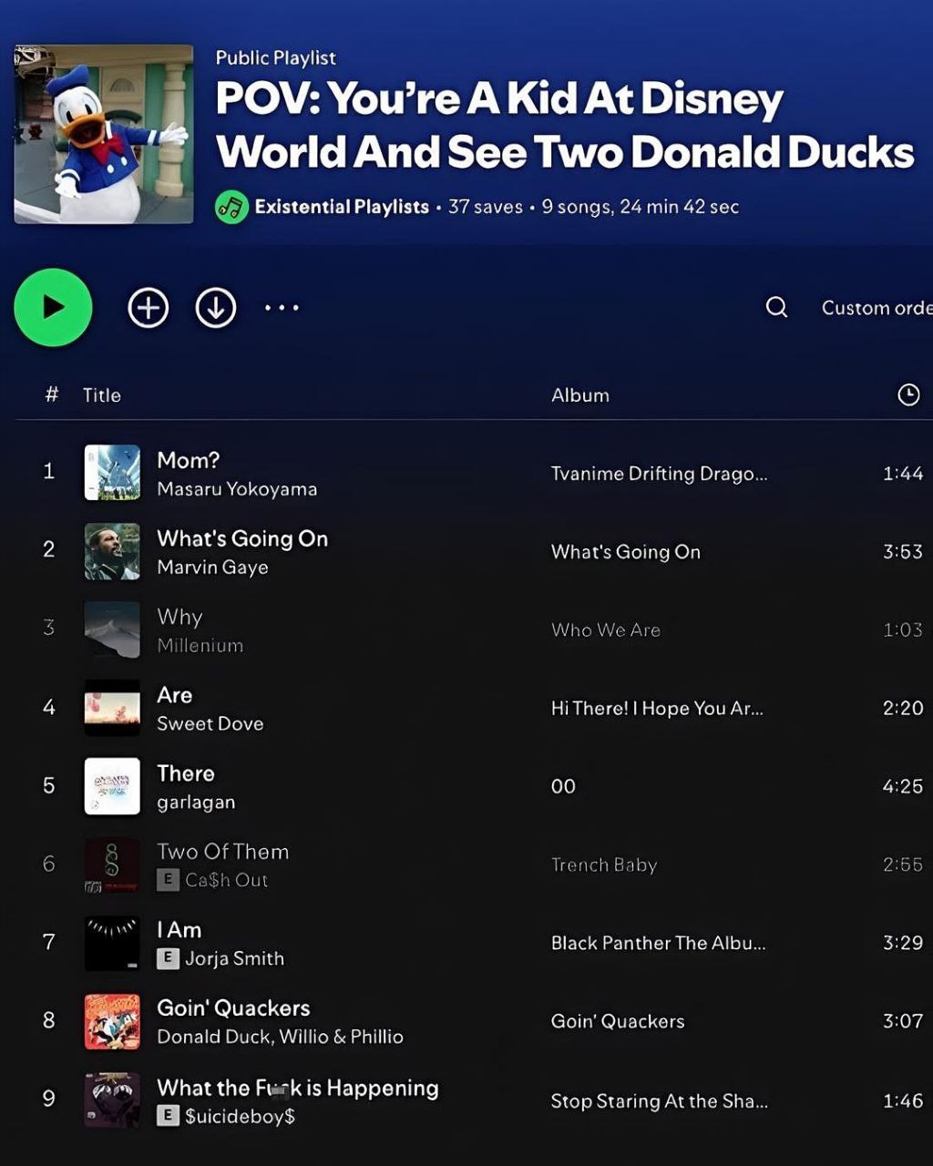 Public Playlist 5 В POV: You’re A Kid At Disney i the World And See Two Donald Ducks Existential Playlists 37 saves 9 songs, 24 min 42 sec Custom orde и Tile 2 1 4 Mom Tvanime Drifting Drago. 1:44 Маз